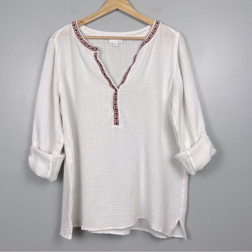 J.Jill white gauzy muslin cotton roll tab sleeve blouse top, large. - Picture 2 of 13